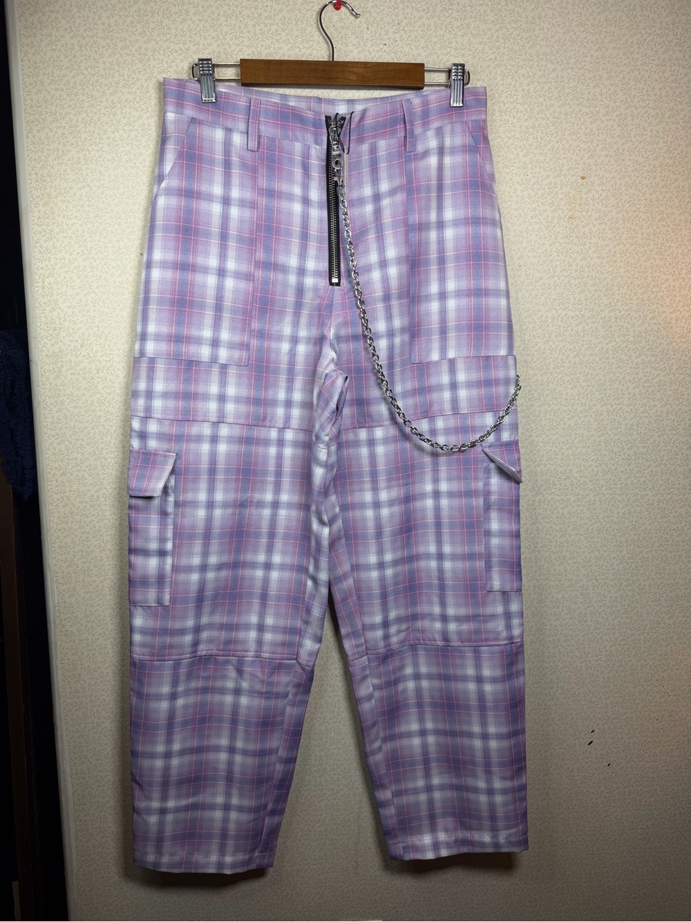 NWT The Ragged Priest LavenderPlaid Cargo Trousers with Chain